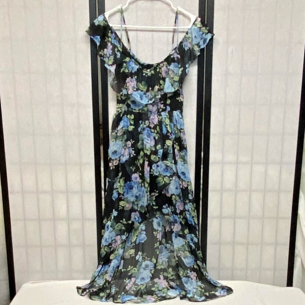 Abercrombie & Fitch Cold Shoulder Ruffle Hi-Low Dress Sheer Lined Spaghetti XS